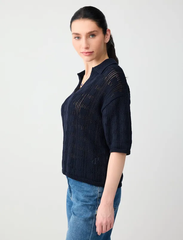 Bayan Lacivert Polo Yaka Dirsek Kol Ajurlu Triko Bluz