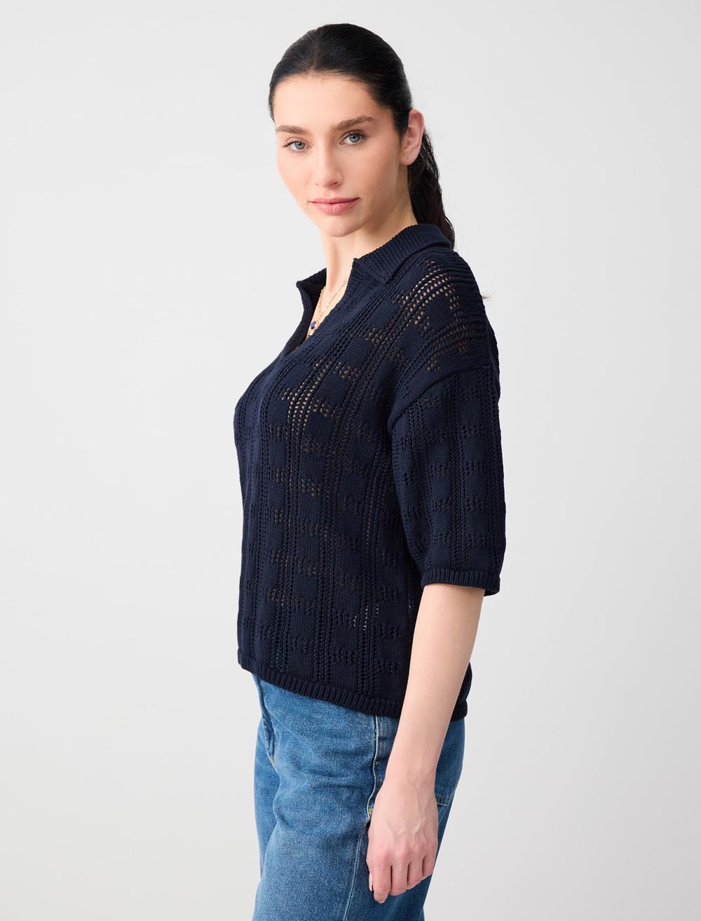 Polo Yaka Dirsek Kol Ajurlu Triko Bluz