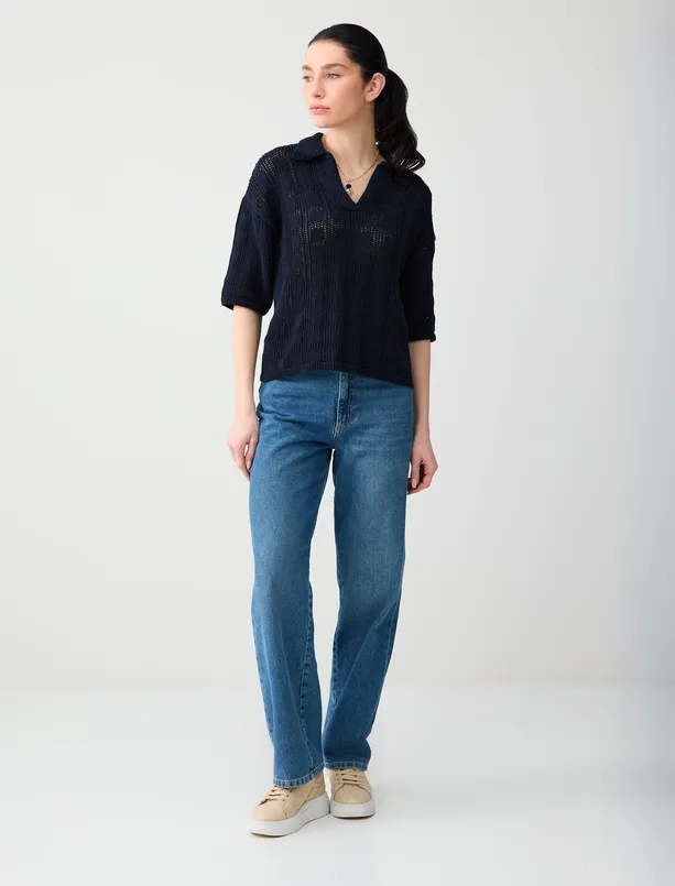 Bayan Lacivert Polo Yaka Dirsek Kol Ajurlu Triko Bluz