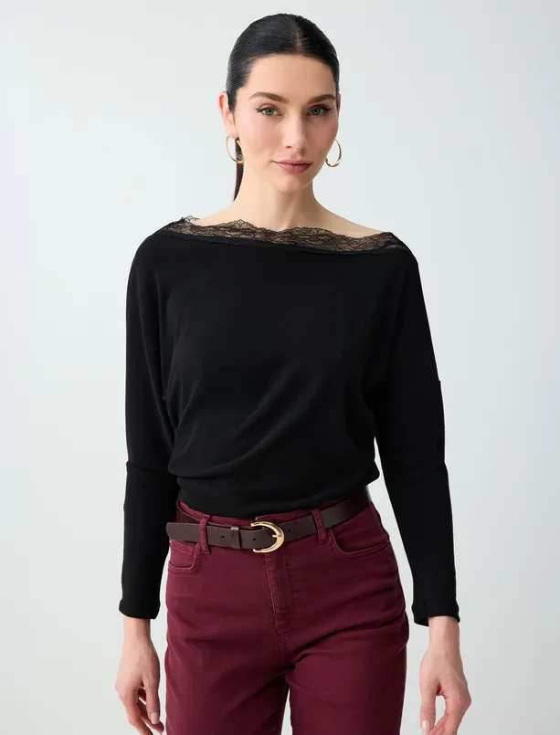 Bayan  Kayık Yaka Uzun Kollu Dantel Detaylı Örme Bluz