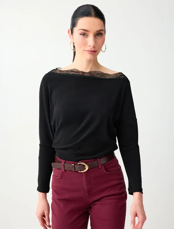Bayan  Kayık Yaka Uzun Kollu Dantel Detaylı Örme Bluz