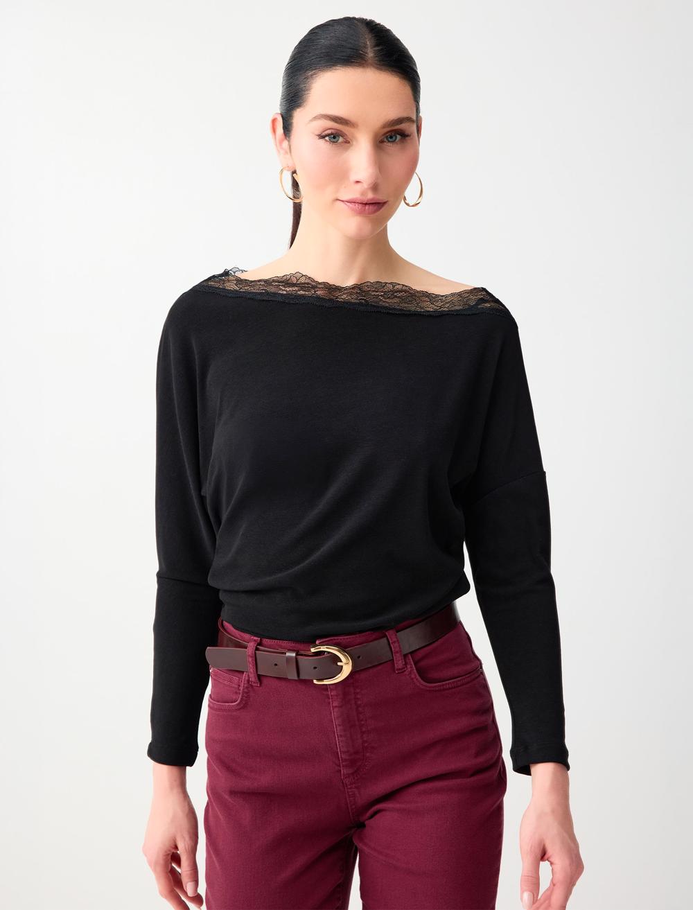 Kayık Yaka Uzun Kollu Dantel Detaylı Örme Bluz