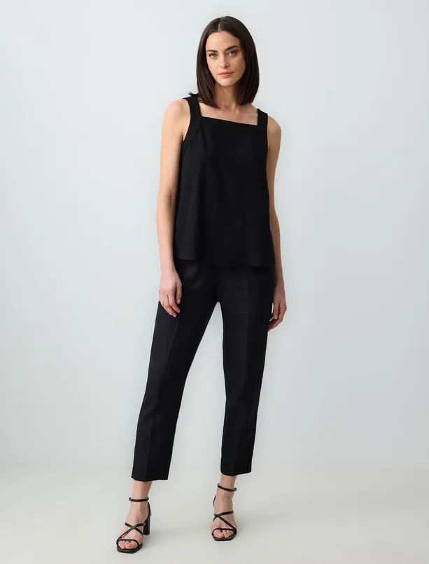 Bayan Siyah Kare Yaka Kolsuz Keten Karışımlı Dokuma Bluz