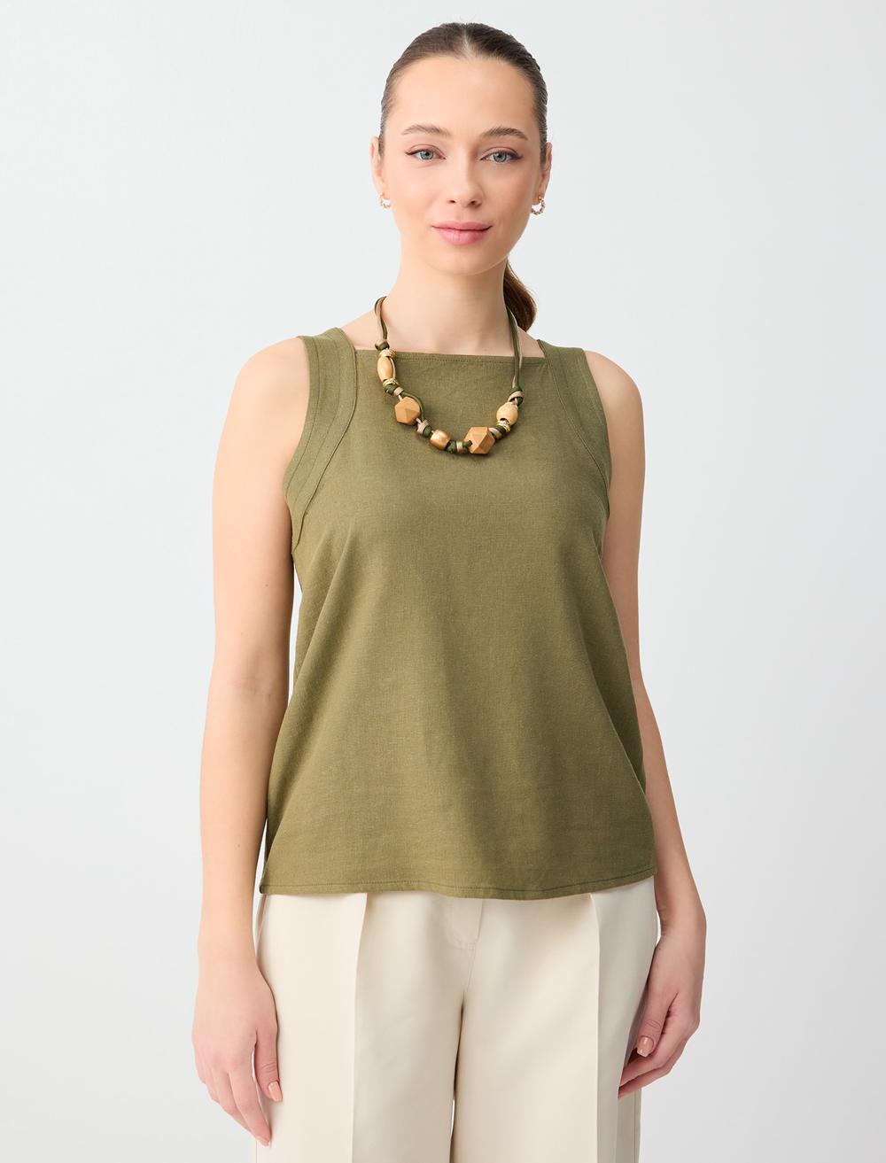 Kare Yaka Kolsuz Keten Karışımlı Dokuma Bluz