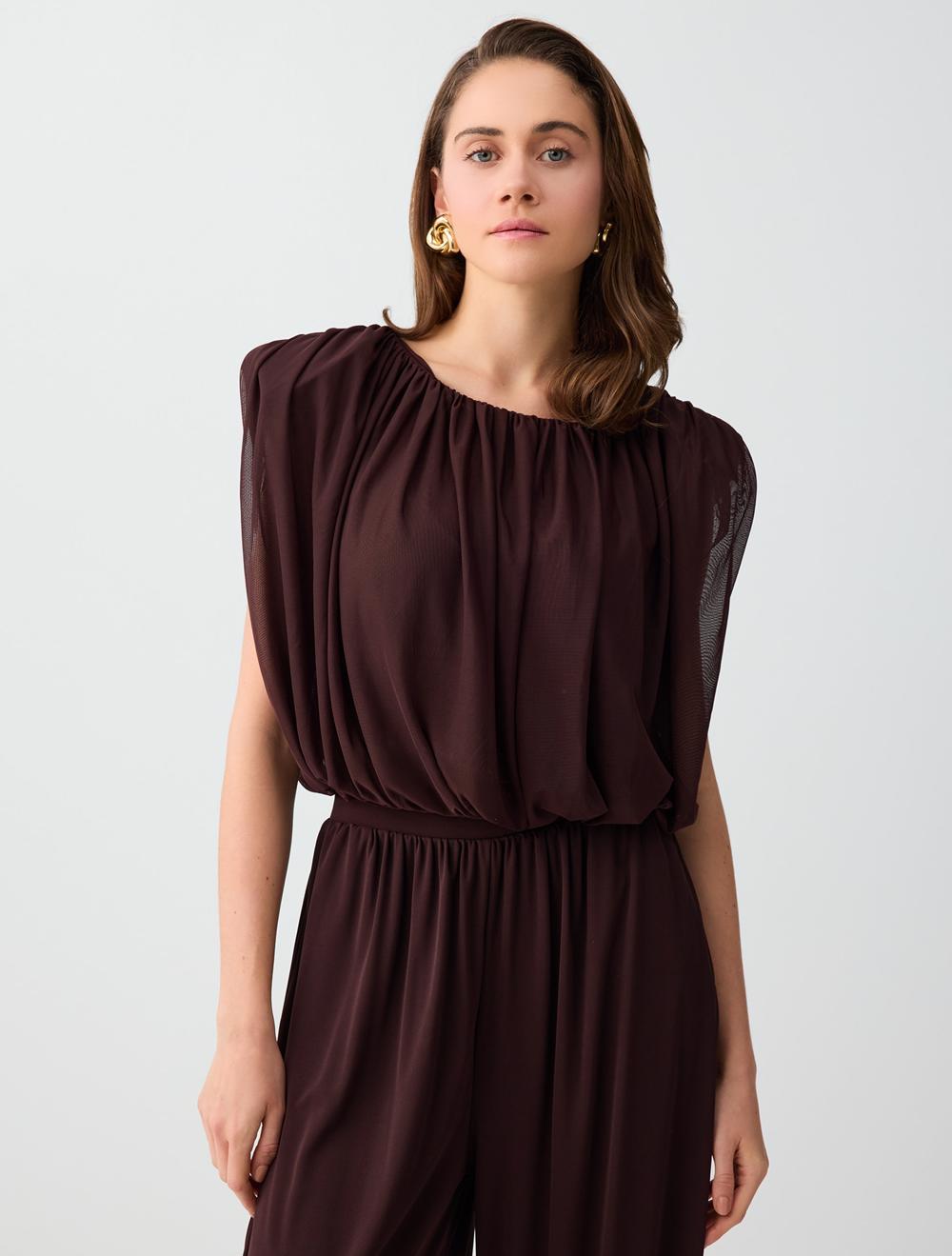 Bisiklet Yaka Vatkalı Kolsuz Mesh Örme Bluz