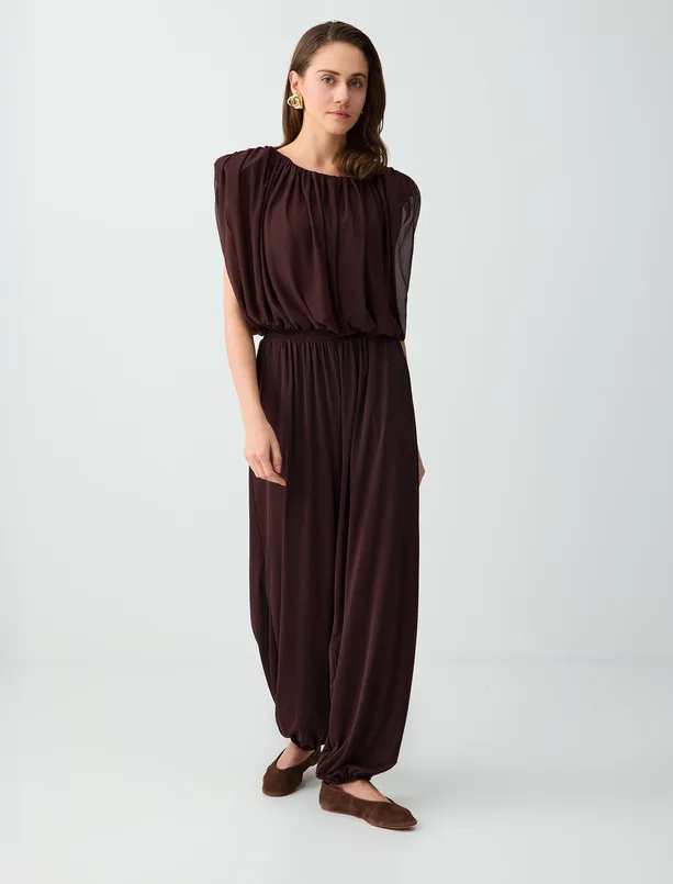 Bayan Kahverengi Bisiklet Yaka Vatkalı Kolsuz Mesh Örme Bluz