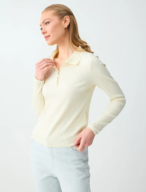 Bayan Sarı Polo Yaka Çizgili Uzun Kollu Örme Bluz