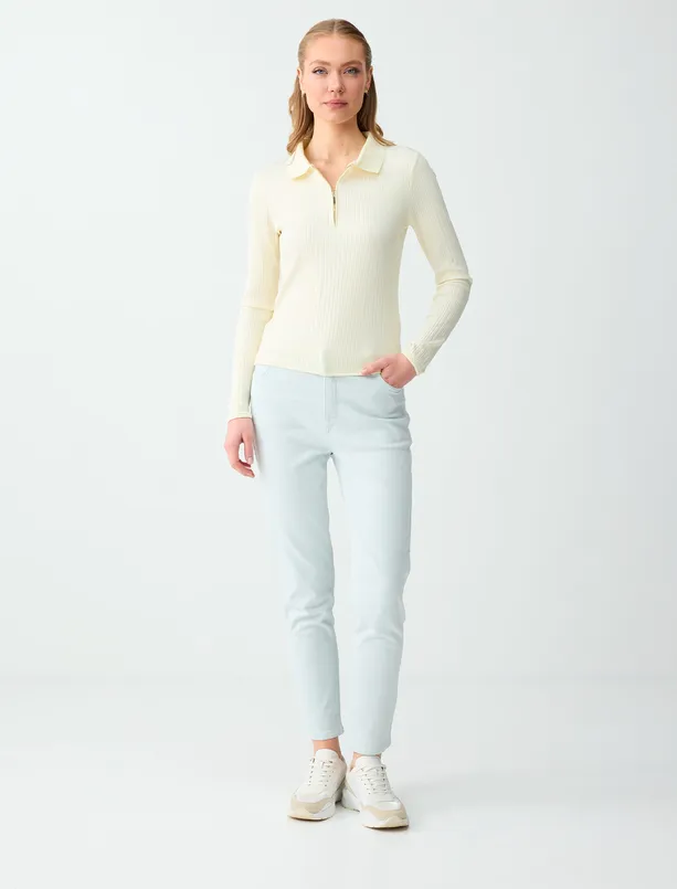 Bayan Sarı Polo Yaka Çizgili Uzun Kollu Örme Bluz