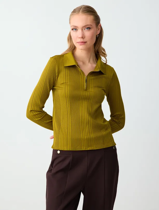 Bayan Yağ Yeşili Polo Yaka Çizgili Uzun Kollu Örme Bluz