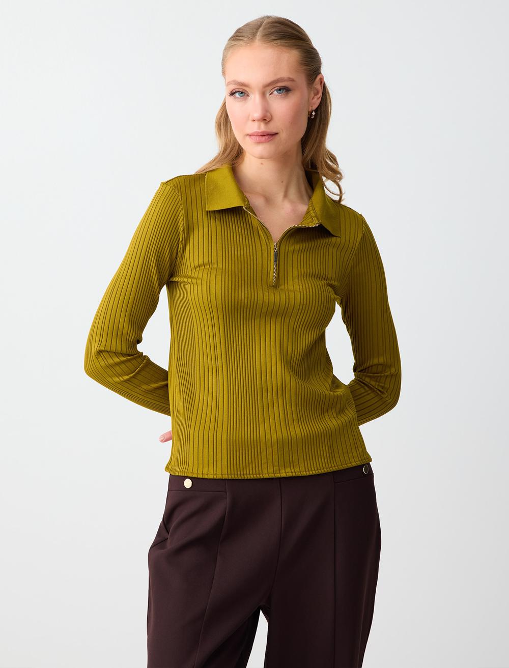 Polo Yaka Çizgili Uzun Kollu Örme Bluz