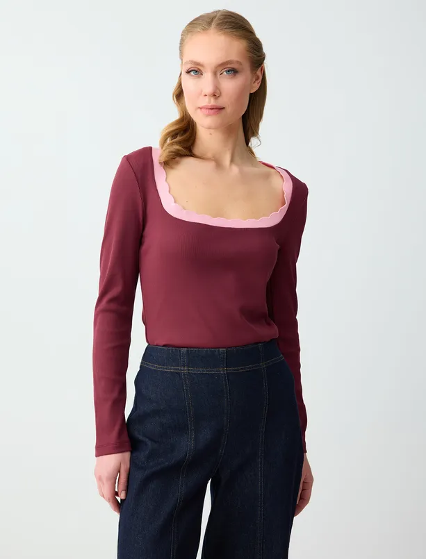 Bayan Bordo Düz Kesim Uzun Kollu U Yaka Örme Bluz