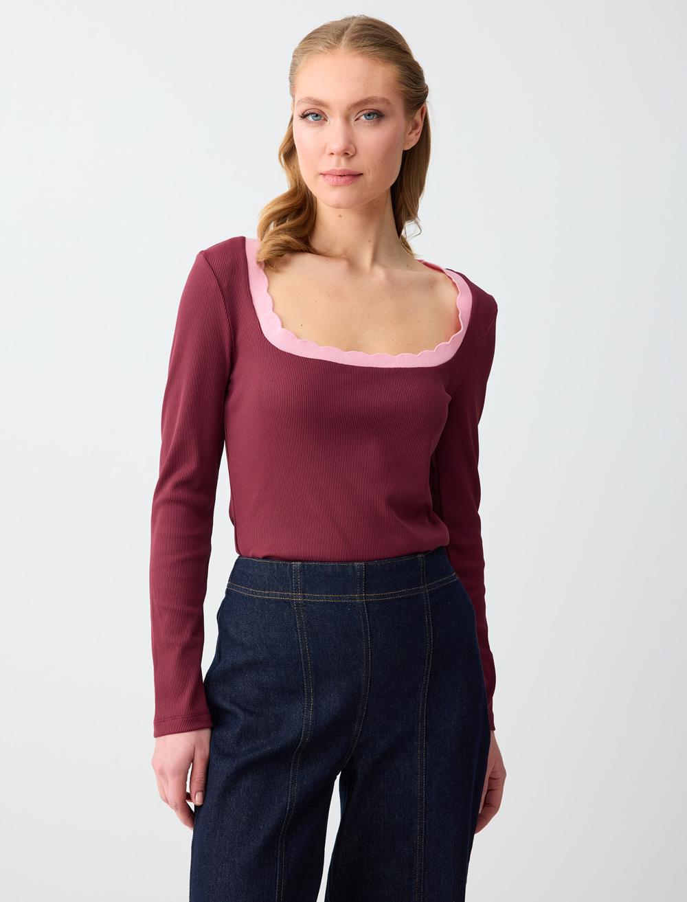 Düz Kesim Uzun Kollu U Yaka Örme Bluz