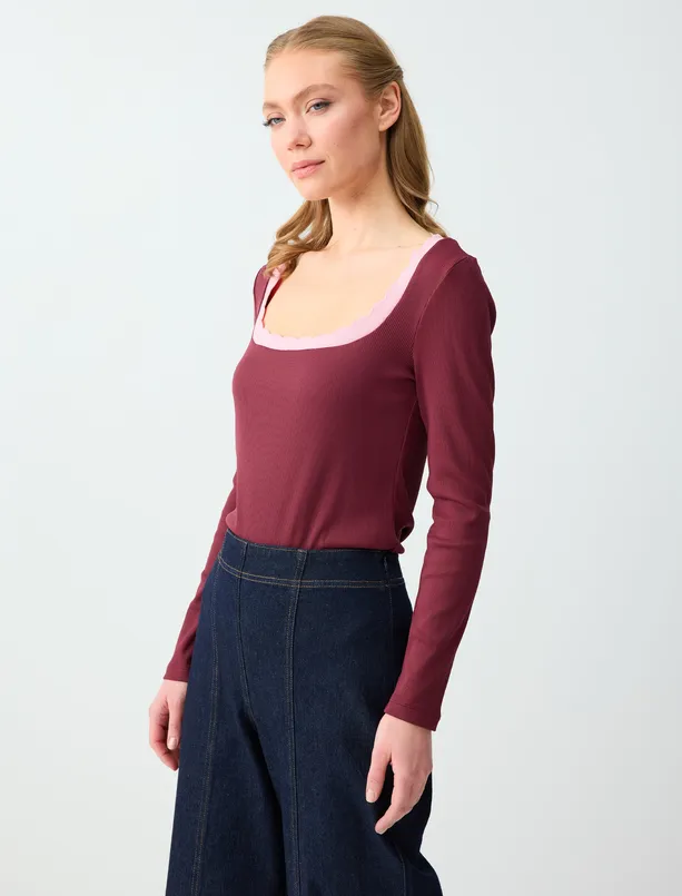 Bayan Bordo Düz Kesim Uzun Kollu U Yaka Örme Bluz