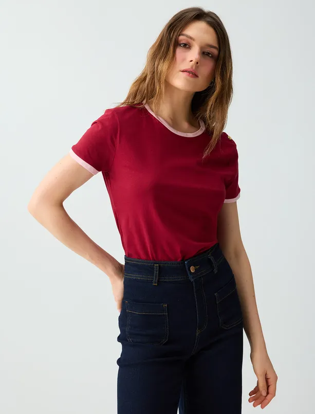 Bayan Bordo %100 Pamuk Bisiklet Yaka Omuzu Detaylı Örme Bluz