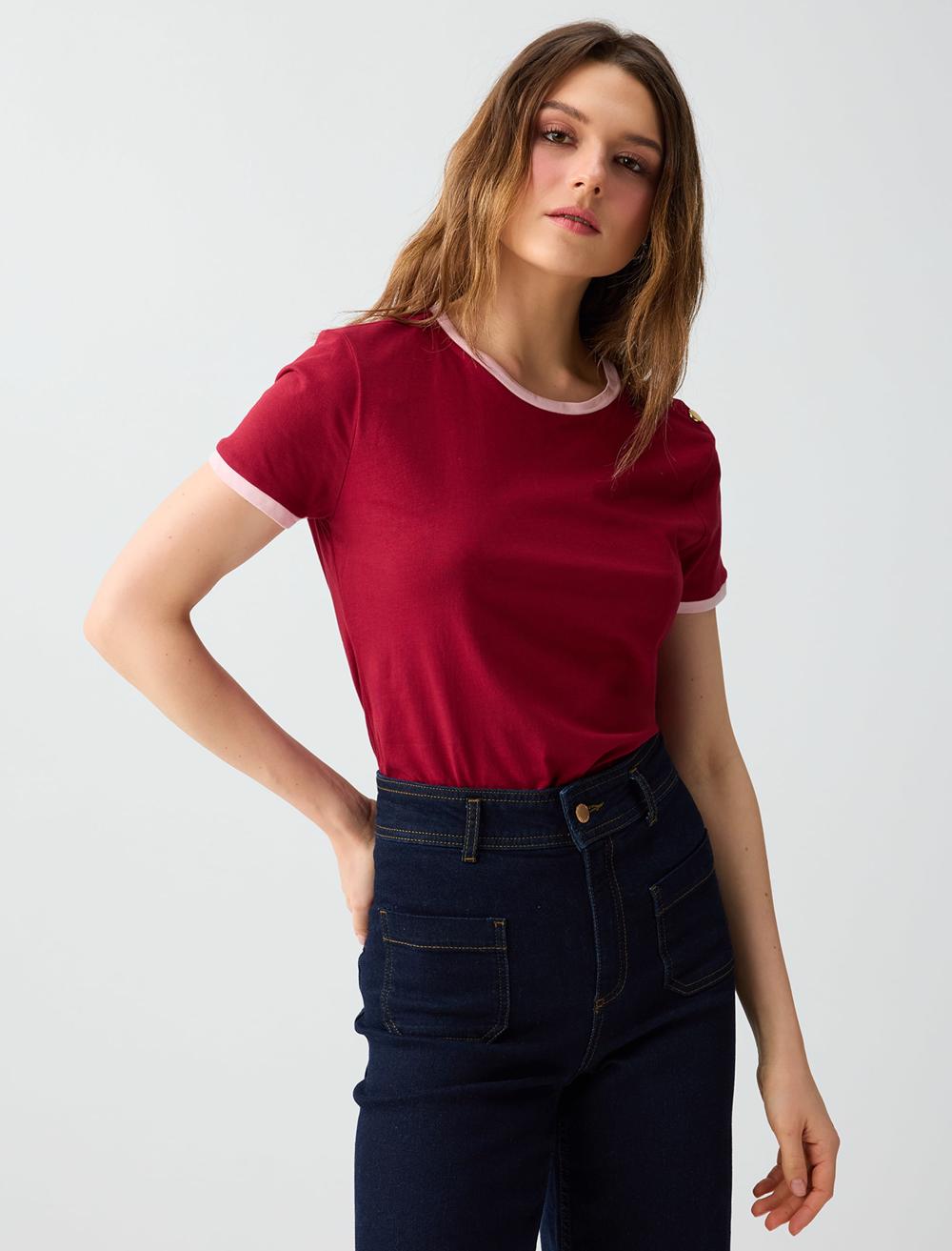 %100 Pamuk Bisiklet Yaka Omuzu Detaylı Örme Bluz