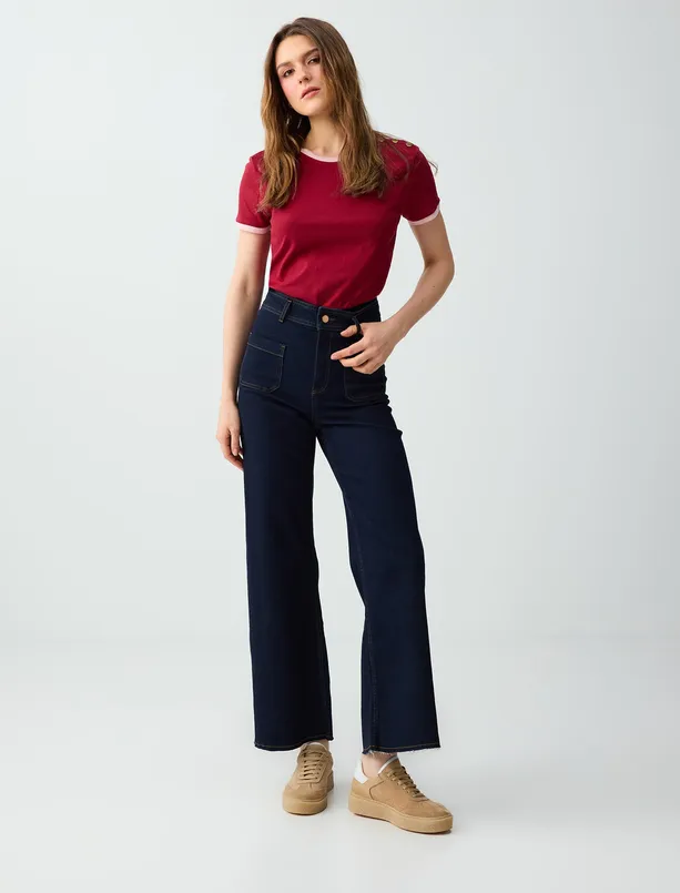 Bayan Bordo %100 Pamuk Bisiklet Yaka Omuzu Detaylı Örme Bluz