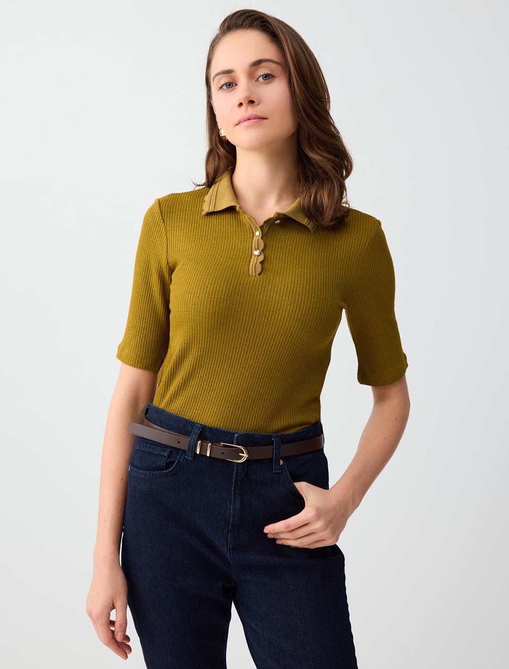 Polo Yaka Kısa Kollu Örme Bluz