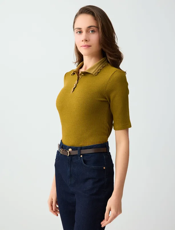Bayan Yağ Yeşili Polo Yaka Kısa Kollu Örme Bluz