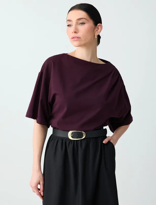 Bayan Bordo Rahat Kesim Kayık Yaka Düşük Omuz Örme Bluz