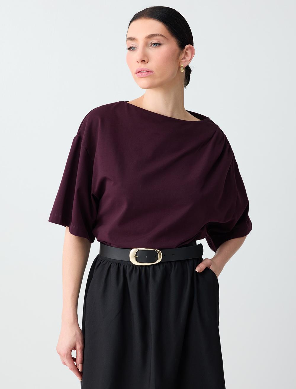 Rahat Kesim Kayık Yaka Düşük Omuz Örme Bluz