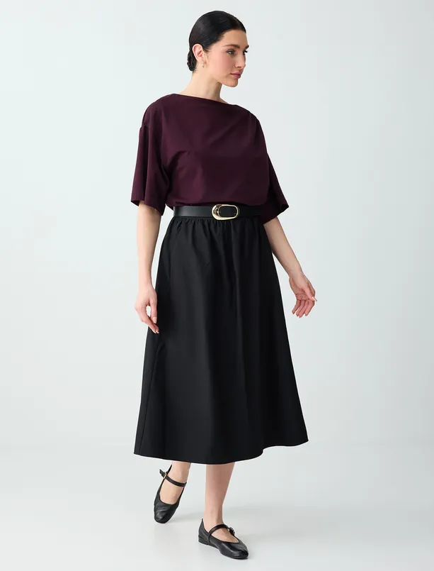 Bayan Bordo Rahat Kesim Kayık Yaka Düşük Omuz Örme Bluz