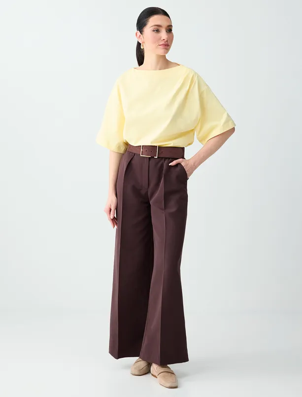 Bayan Sarı Rahat Kesim Kayık Yaka Düşük Omuz Örme Bluz