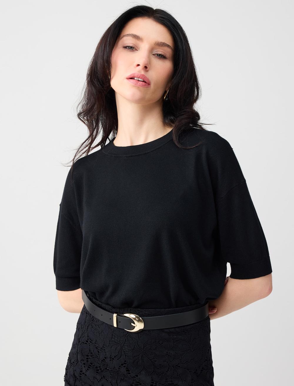 Bisiklet Yaka Yün Karışımlı Kısa Kollu Triko Bluz