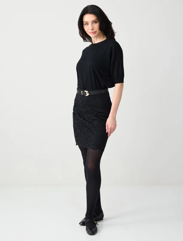 Women Black Crew Neck Wool Blend Short Sleeve Sweater Blouse