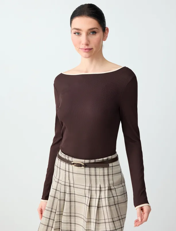 Bayan Kahverengi Düz Kesim Uzun Kollu Kayık Yaka Örme Bluz