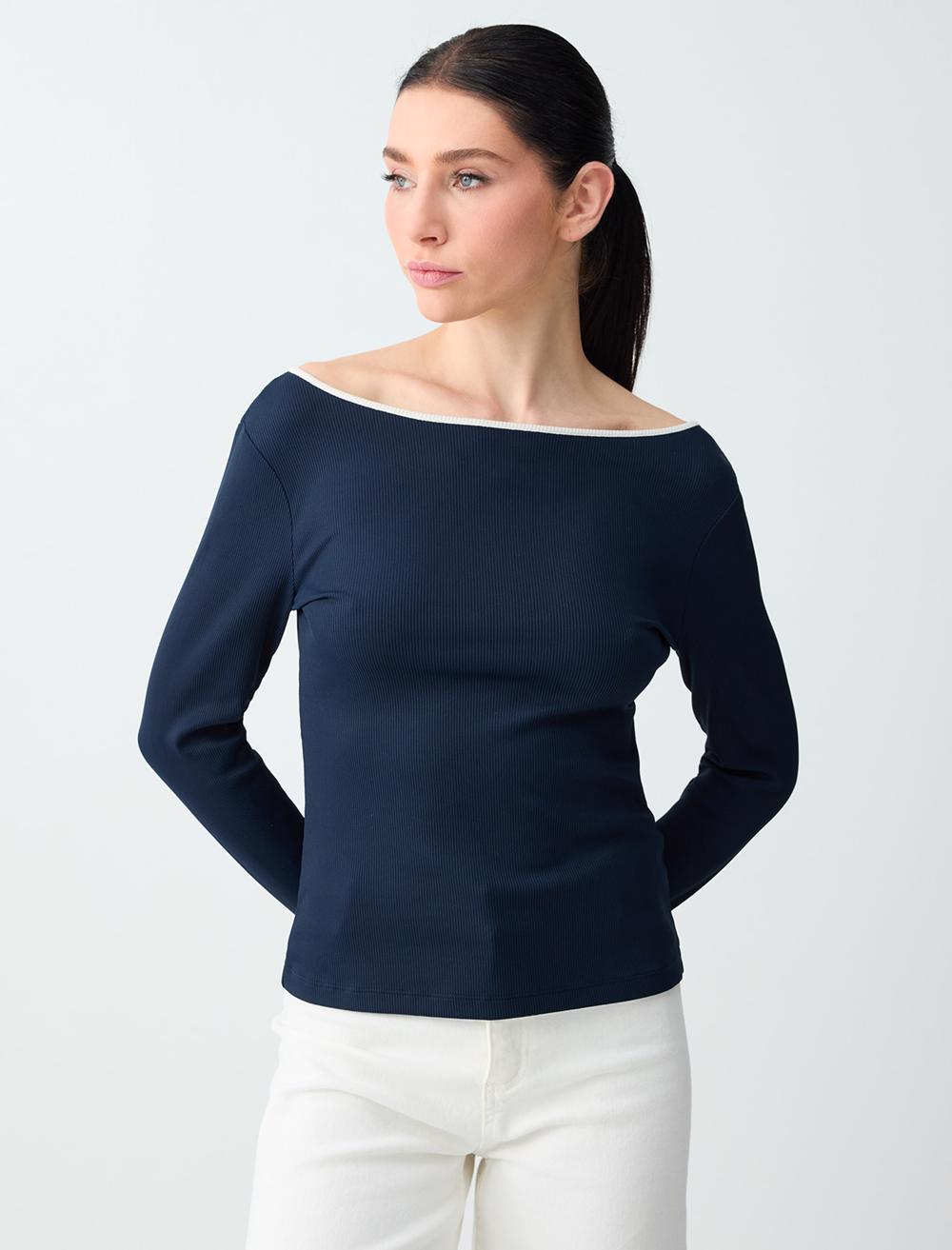 Düz Kesim Uzun Kollu Kayık Yaka Örme Bluz