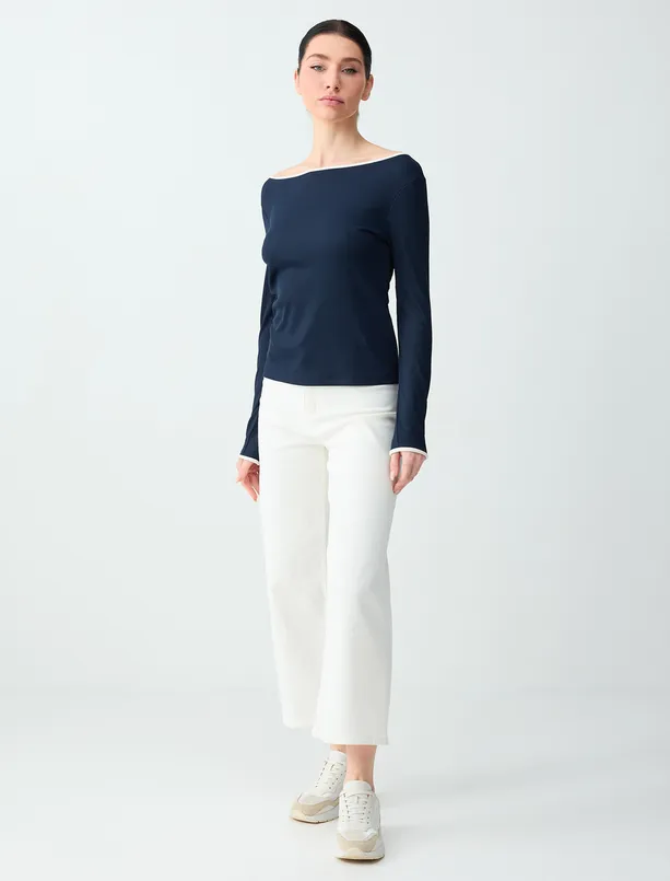 Bayan Lacivert Düz Kesim Uzun Kollu Kayık Yaka Örme Bluz