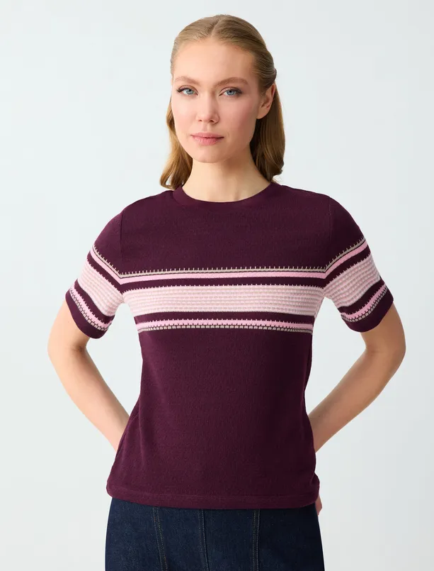 Bayan  Bisiklet Yaka Kısa Kollu Çizgi Desenli Triko Bluz