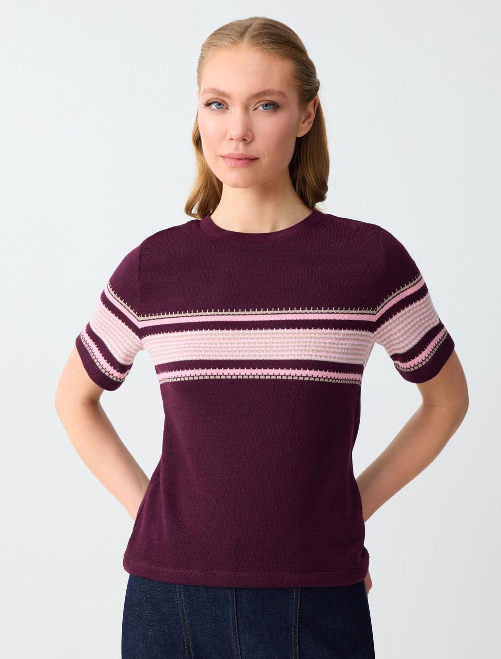 Bisiklet Yaka Kısa Kollu Çizgi Desenli Triko Bluz