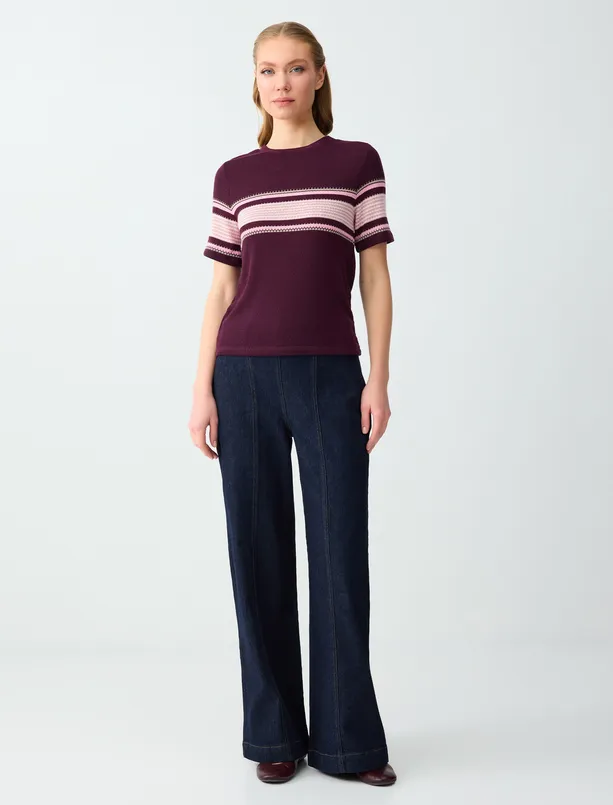 Bayan Bordo Bisiklet Yaka Kısa Kollu Çizgi Desenli Triko Bluz