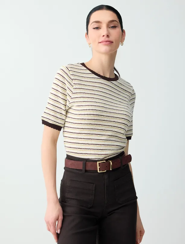 Bayan  Bisiklet Yaka Rahat Kesim Jakarlı Örme Bluz