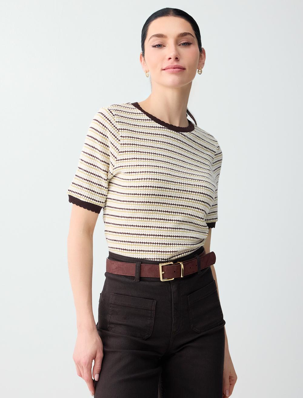 Bisiklet Yaka Rahat Kesim Jakarlı Örme Bluz