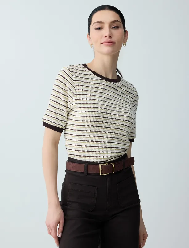 Bayan  Bisiklet Yaka Rahat Kesim Jakarlı Örme Bluz