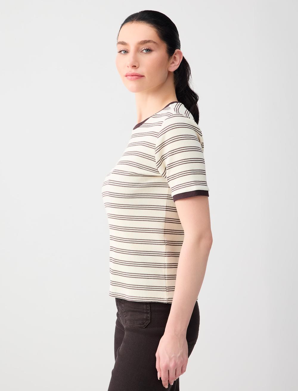 Bisiklet Yaka Kısa Kollu Çizgi Desenli Örme Bluz