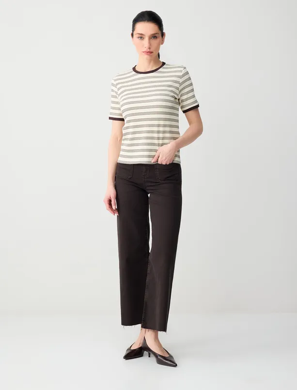 Women Beige Crew Neck Short Sleeve Line Patterned Knitted Blouse