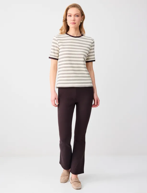 Women Beige Crew Neck Short Sleeve Line Patterned Knitted Blouse