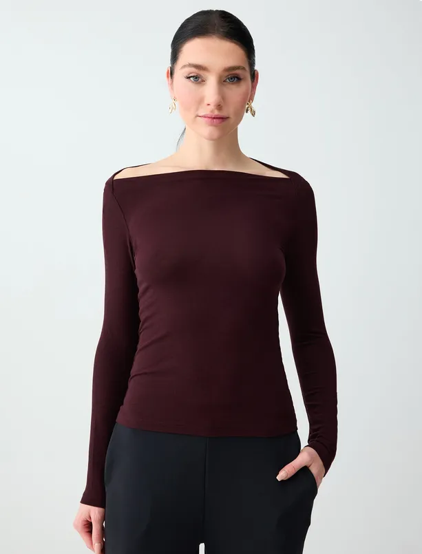 Bayan Bordo Kayık Yaka Uzun Kollu Örme Bluz