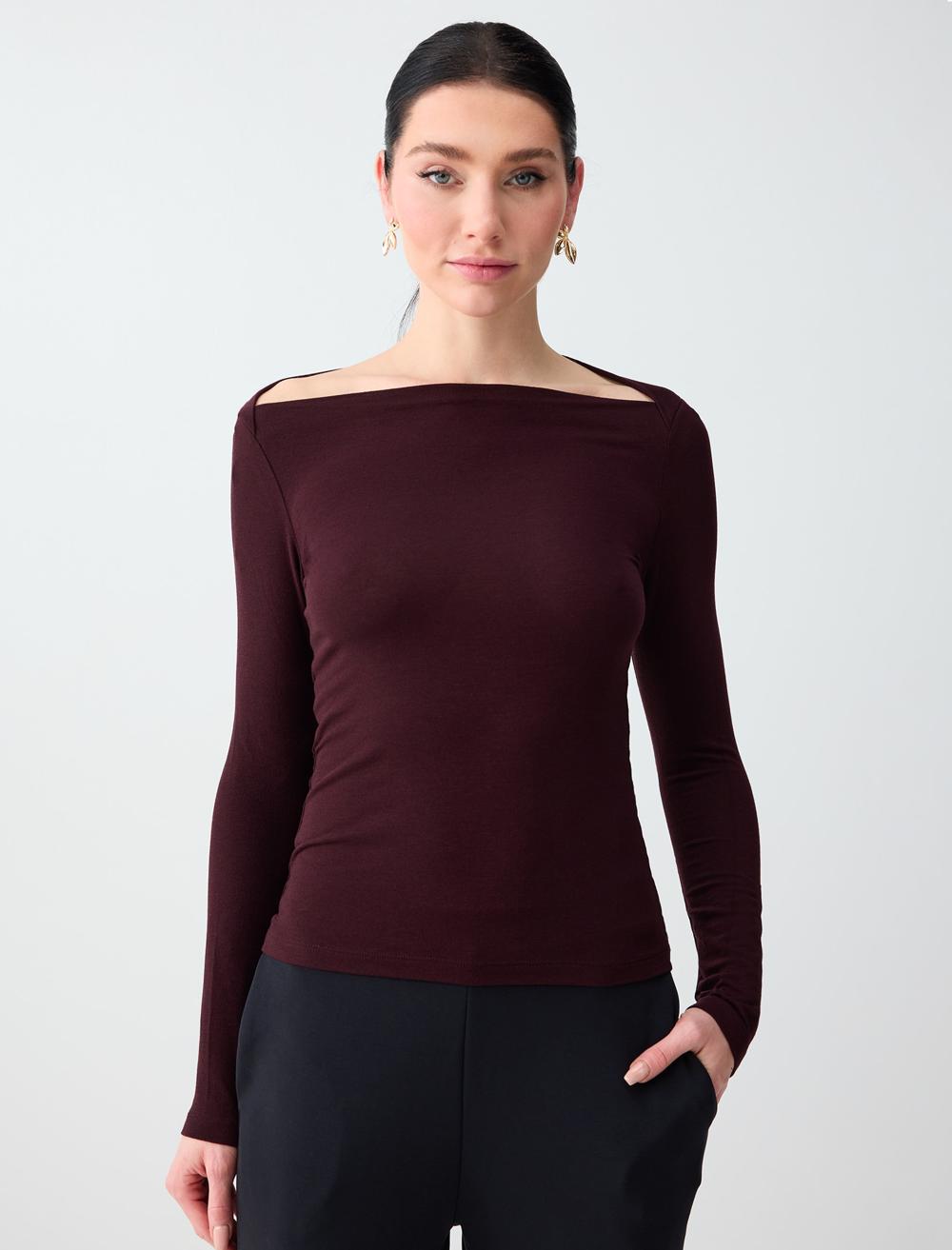 Kayık Yaka Uzun Kollu Örme Bluz