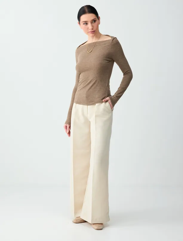 Bayan Bej Melanj Kayık Yaka Uzun Kollu Örme Bluz