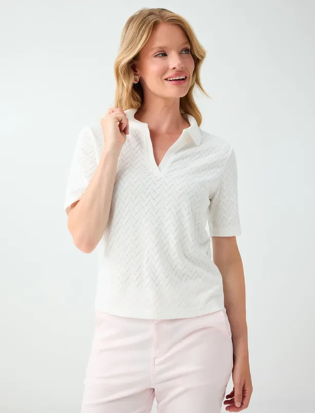Women  Short Sleeve Polo Collar Jacquard Knitted Blouse