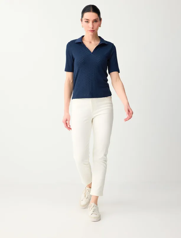 Women Dark Blue Short Sleeve Polo Collar Jacquard Knitted Blouse