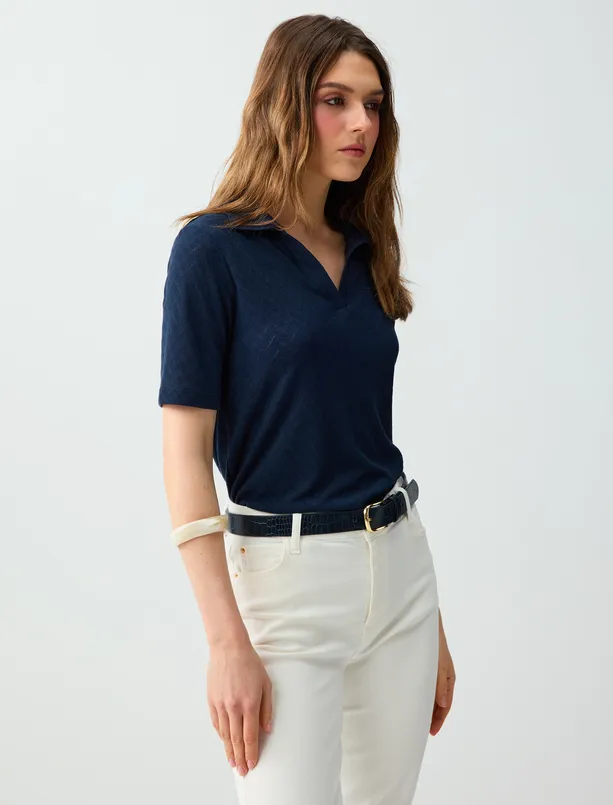 Bayan Lacivert Kısa Kollu Polo Yaka Jakarlı Örme Bluz