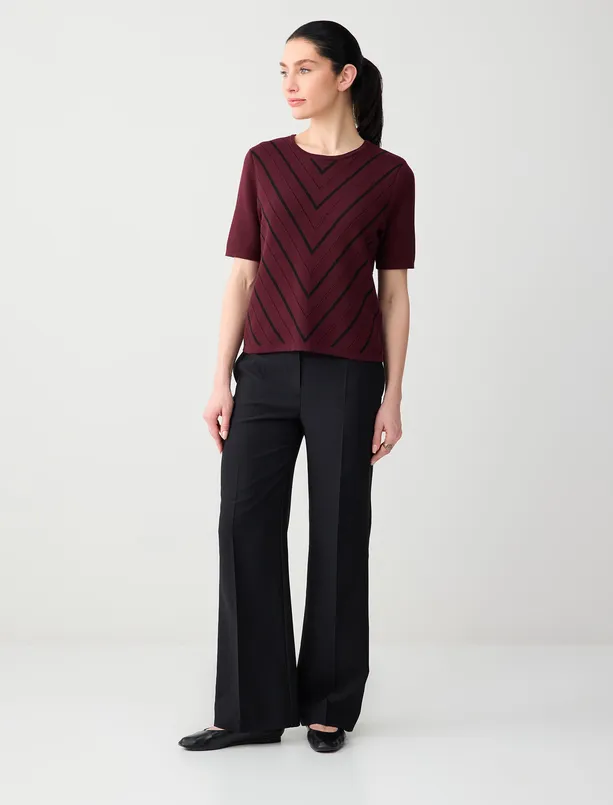 Bayan Bordo Polo Yaka Kısa Kollu Çizgi Desenli Triko Bluz