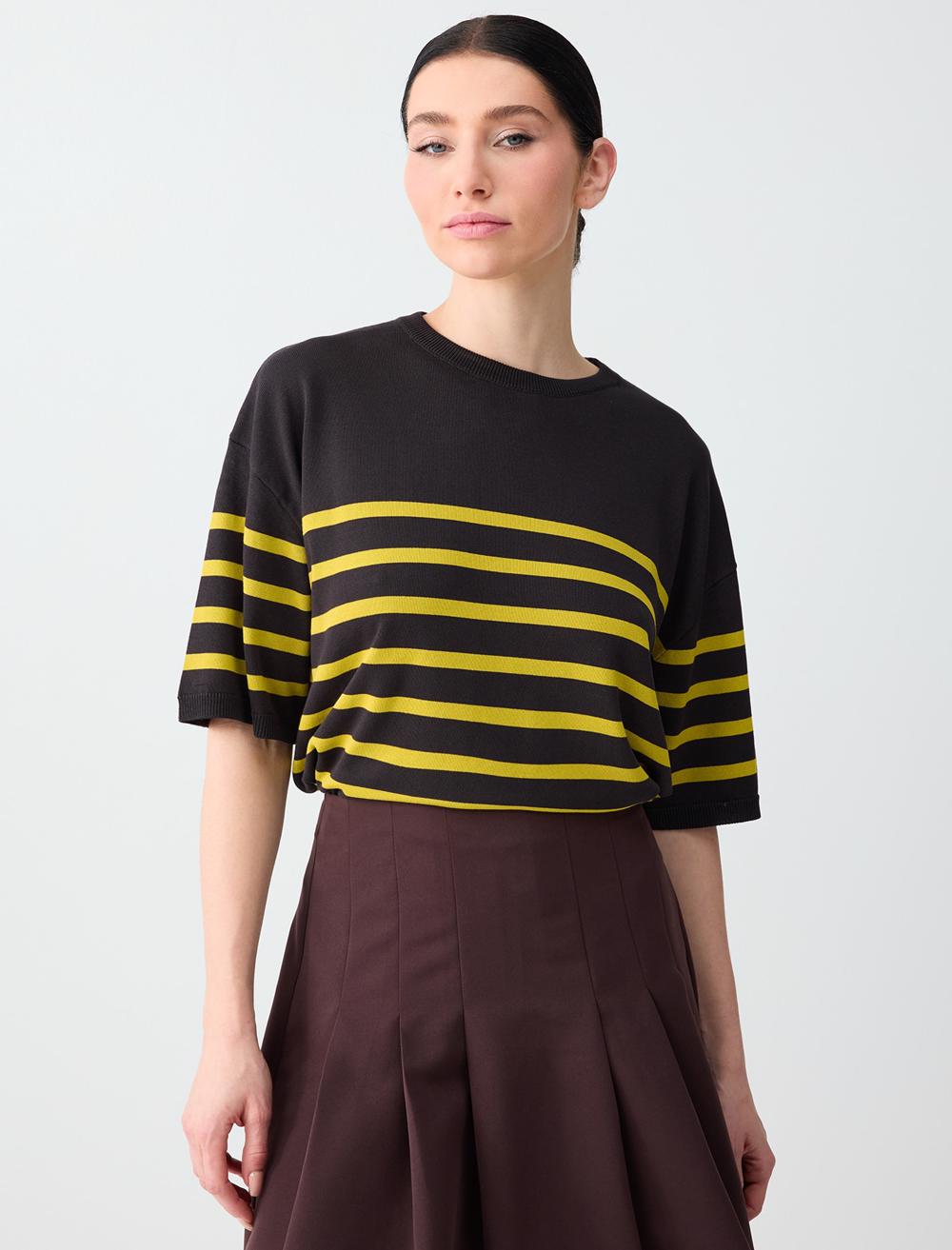 Bisiklet Yaka Dirsek Kol Çizgi Desenli Triko Bluz