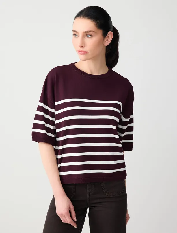 Bayan  Bisiklet Yaka Dirsek Kol Çizgi Desenli Triko Bluz