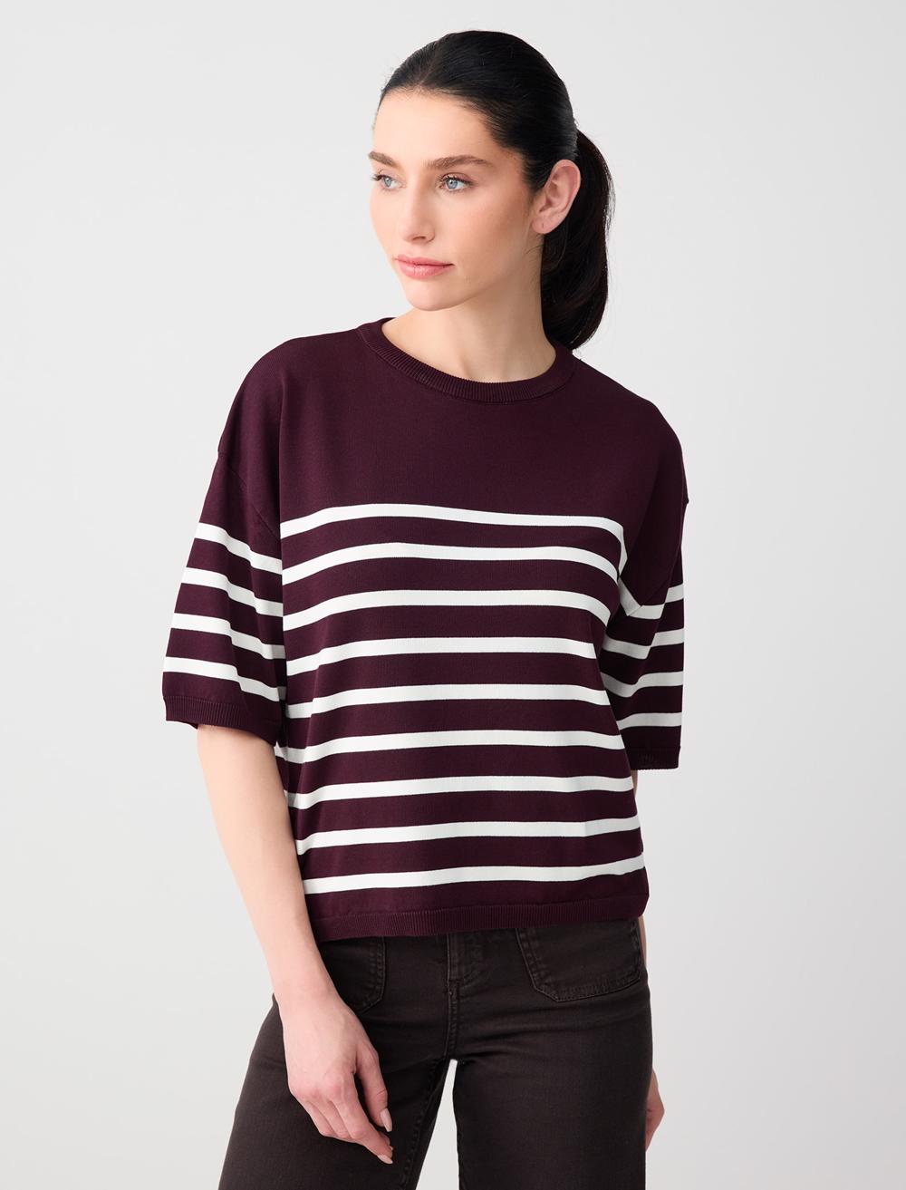 Bisiklet Yaka Dirsek Kol Çizgi Desenli Triko Bluz
